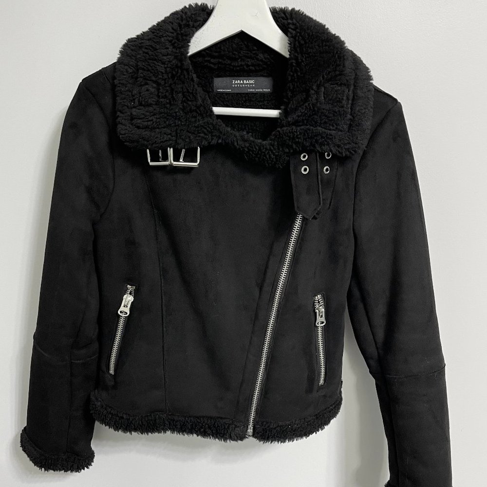ZARA - Fully Lined Faux Fur Suede Biker Jacket Double Faced - Size XS